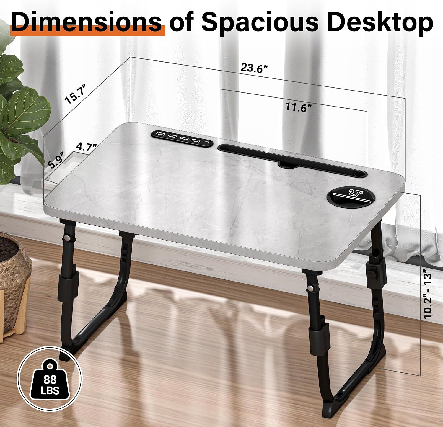 Detalle 2 de DECOSIS Bed Desk, Adjustable Folding Lap Desk with USB Port and Storage
