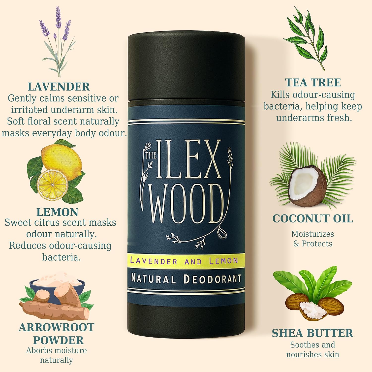 Detalle de The Ilex Wood Natural Deodorant Stick 70ml — Lavender & Lemon (Handmade in the UK, Aluminium Free, Plastic Free, Vegan)
