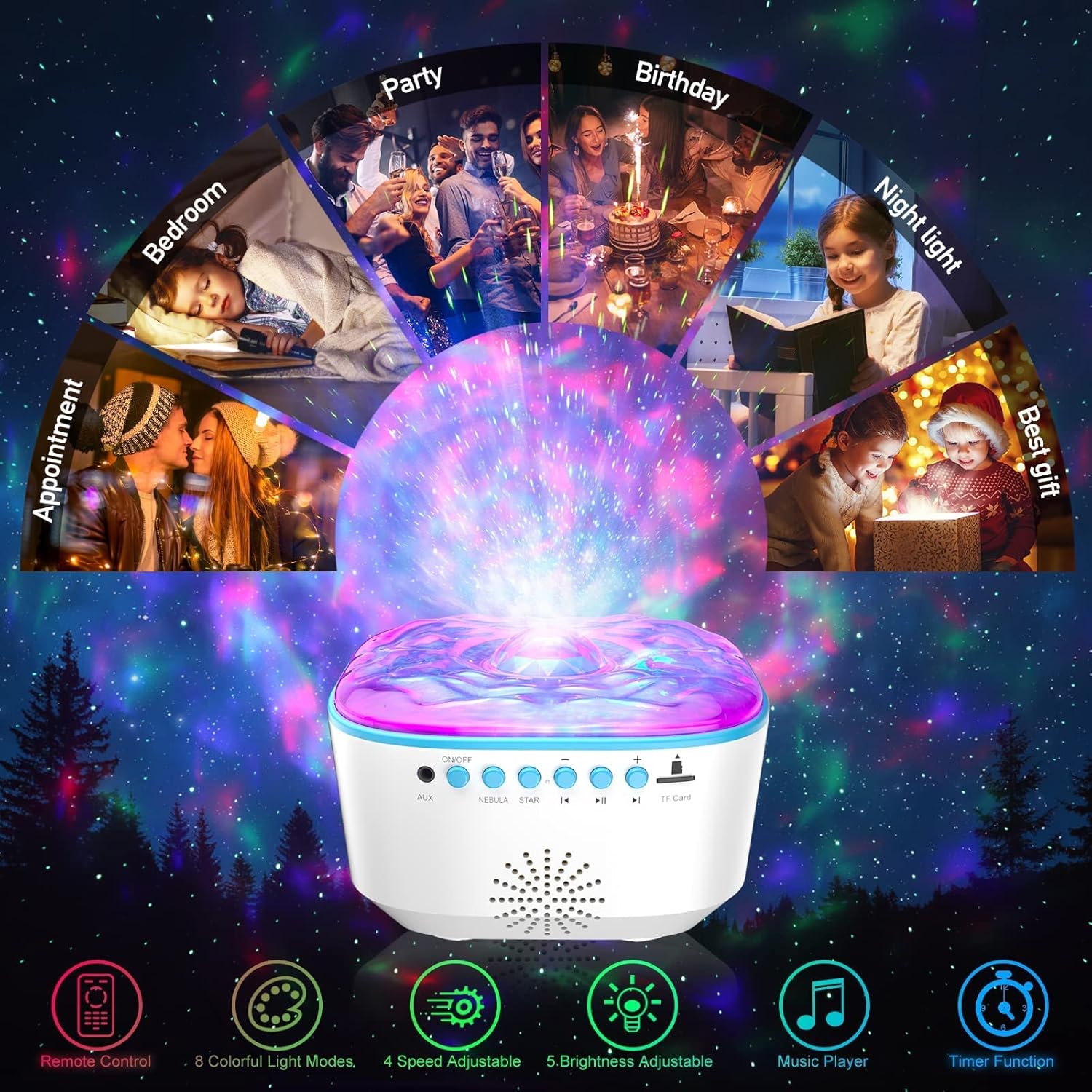 Thumbnail 6 de Bozhihong Galaxy Projector star night light with remote, timer and built-in music (white)