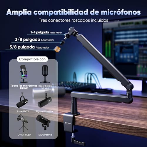 Detalle de FIFINE Soporte de Micrófono con Brazo K658/K688 AM8/A8: estabilidad y gestión de cables para tu escritorio