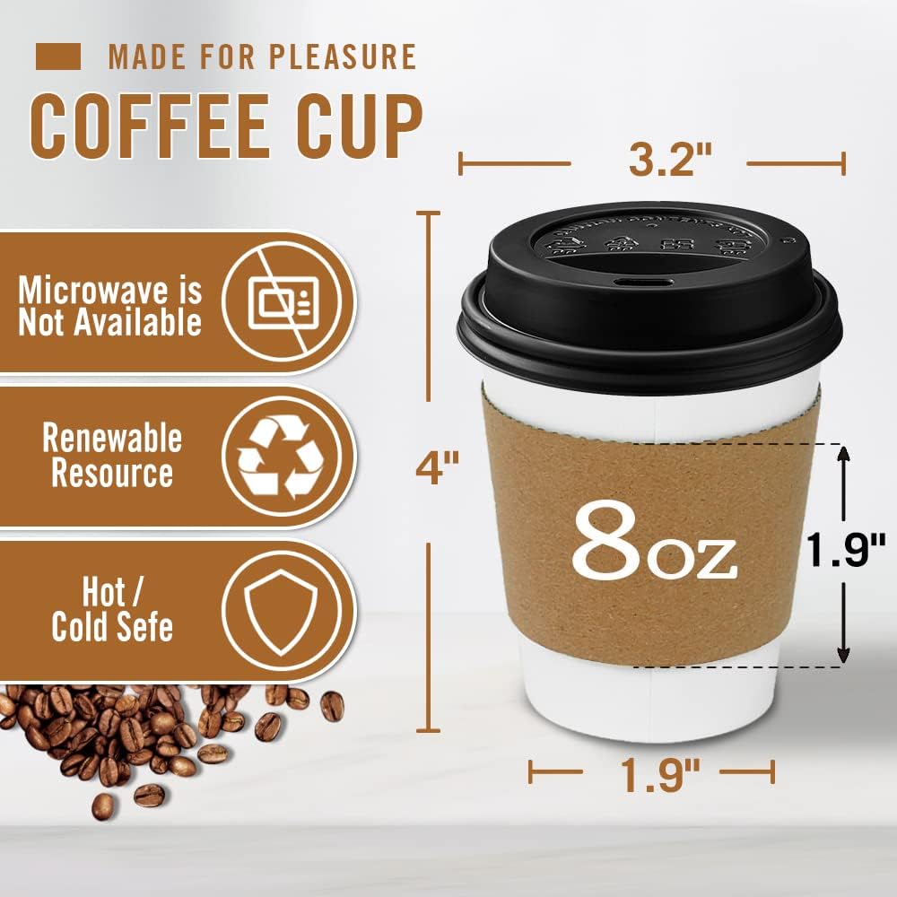 Detalle de Ginkgo GO-8OZDCC-100 8 oz Disposable Coffee Cups with Lids and Sleeves