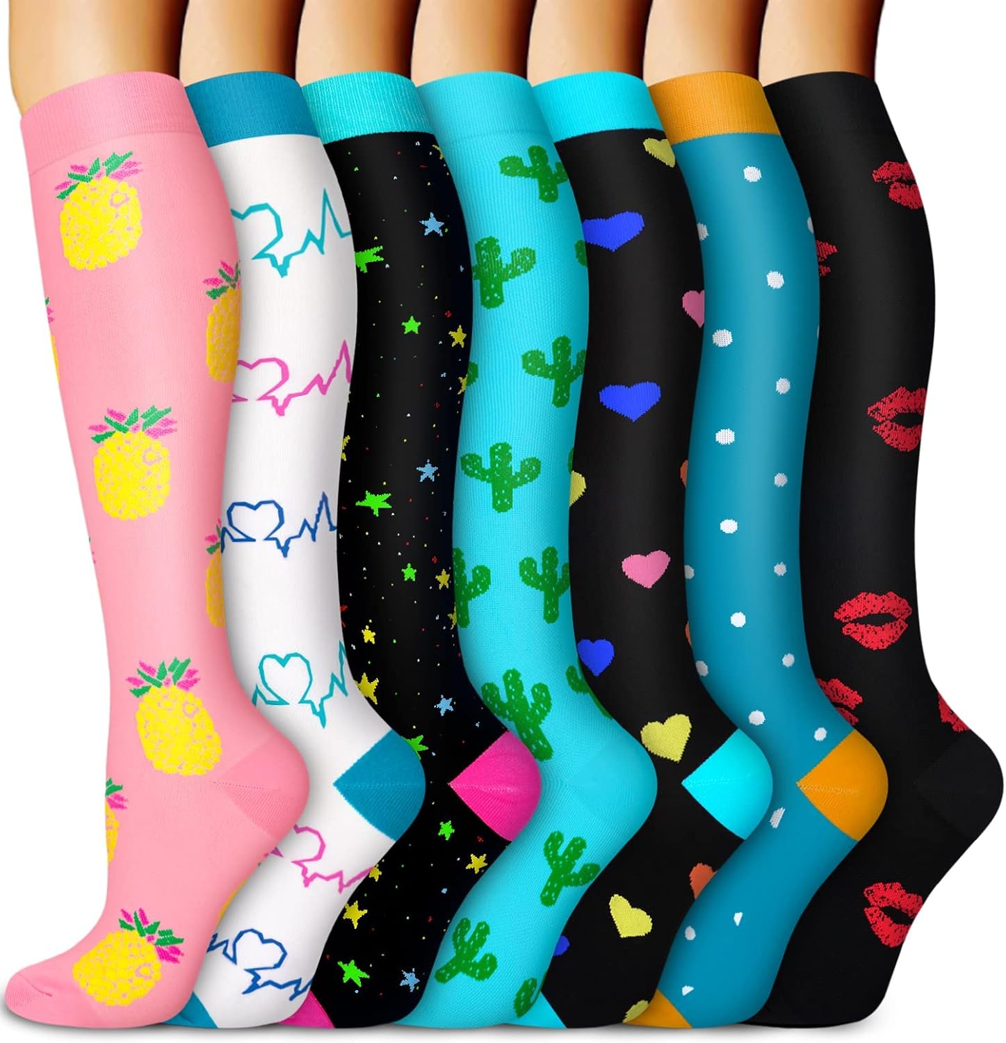 Detalle de CTHH 20–30 mmHg Knee-High Compression Socks, 7 Pairs with Patterned Designs