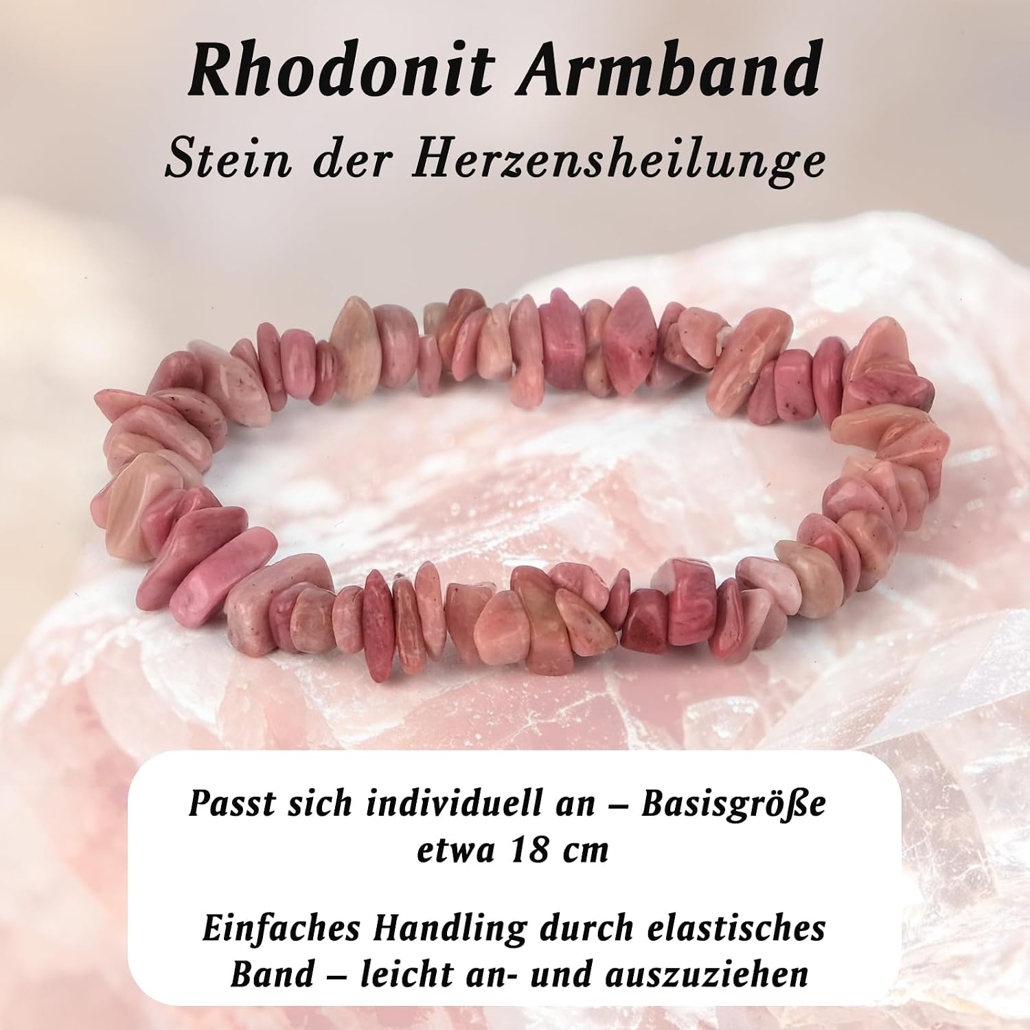 Detalle de RUBY Naturstein Splitterarmband aus Rhodonit – handgefertigt, elastisch, mit Holzbox
