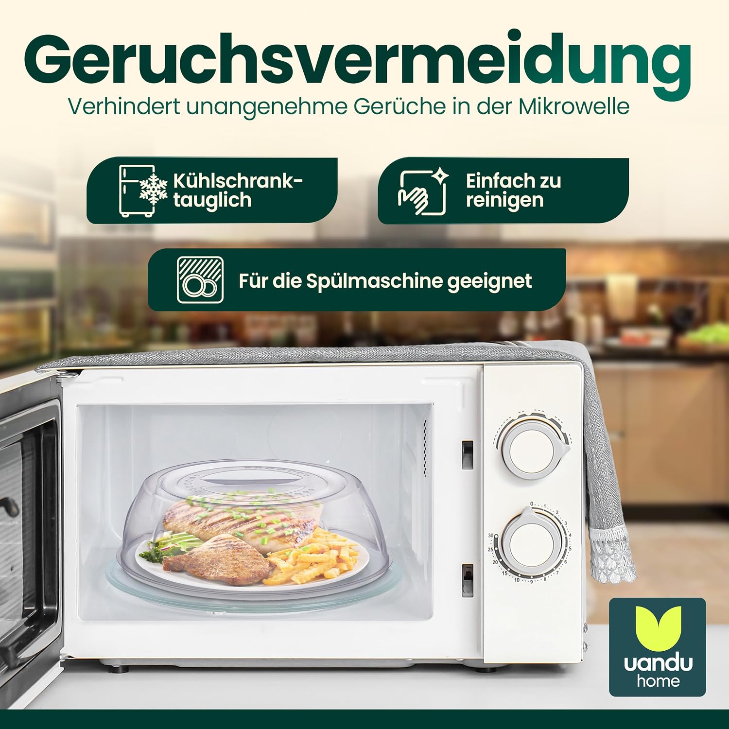 Detalle de uandu Mikrowellen Abdeckung Ø 27 cm – Mikrowellenhaube mit Griff, Spritzschutz, BPA-frei