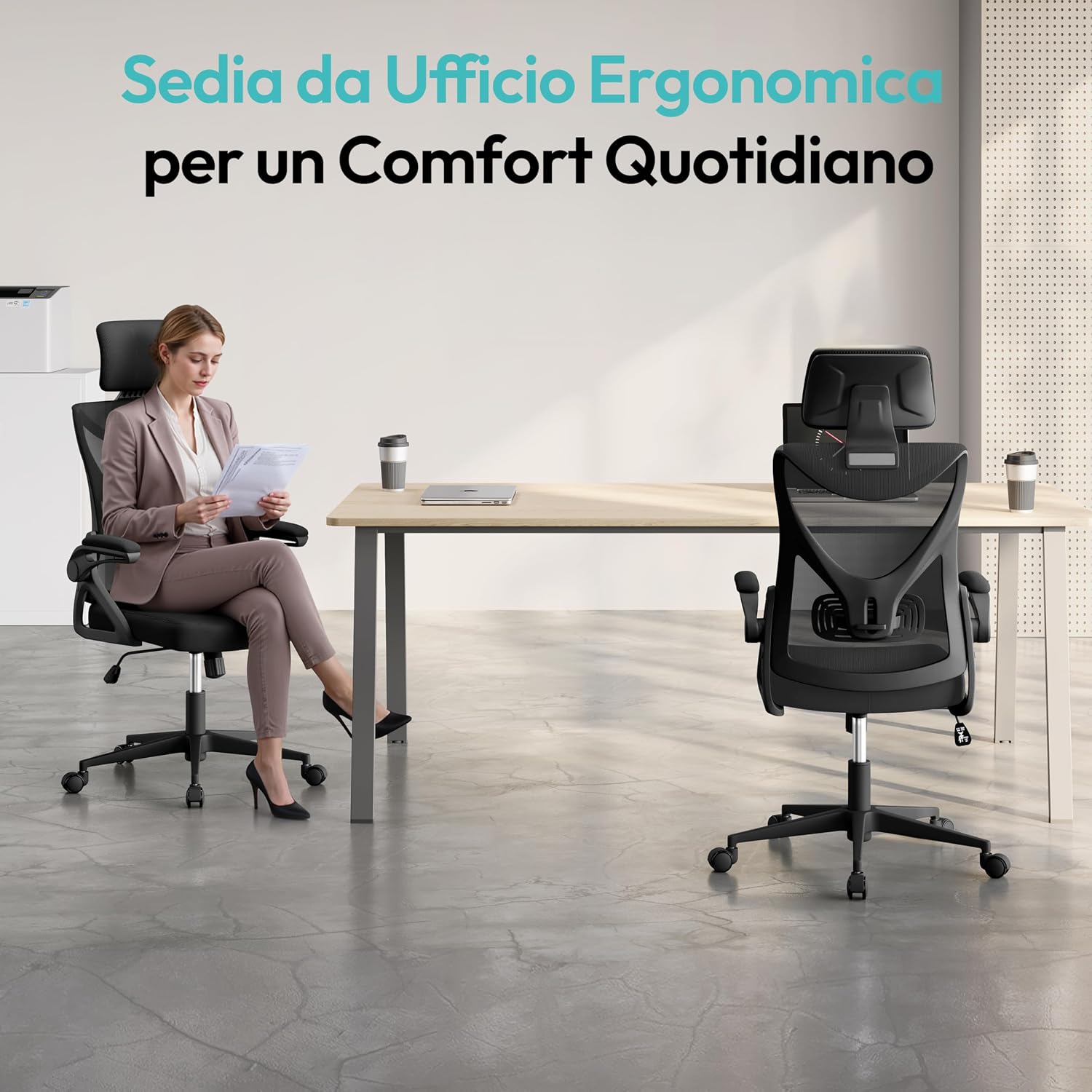 Thumbnail 2 de Yaheetech Sedia Ufficio Ergonomica con Braccioli e Poggiatesta Regolabile – Schienale Alto, Dondolo, Rete Traspirante e Supporto Lombare