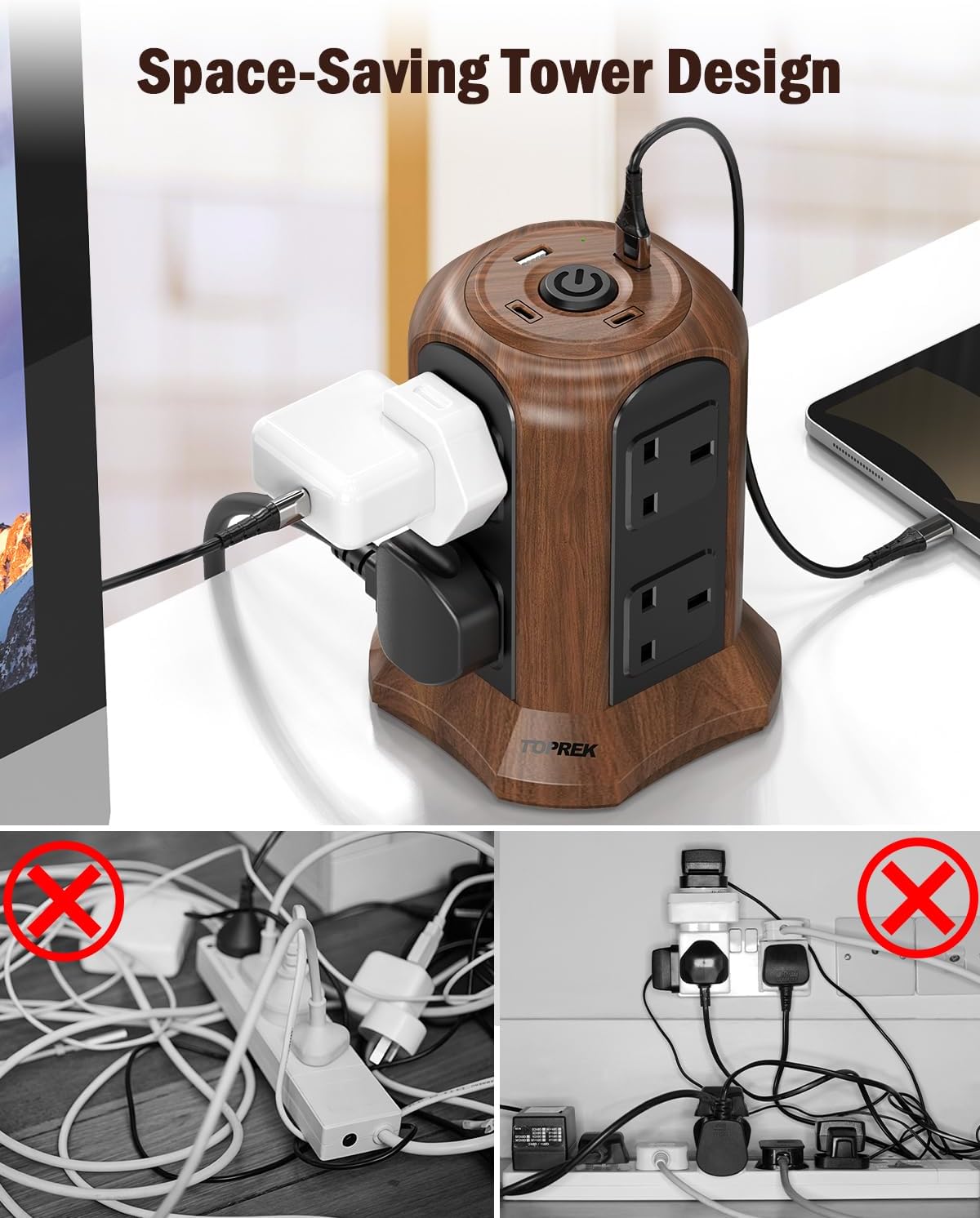 Thumbnail 6 de TOPREK Wooden Grain Tower Extension Lead with USB Slots (1800J Surge) – 8 AC + 2 USB-C + 2 USB-A, 2m
