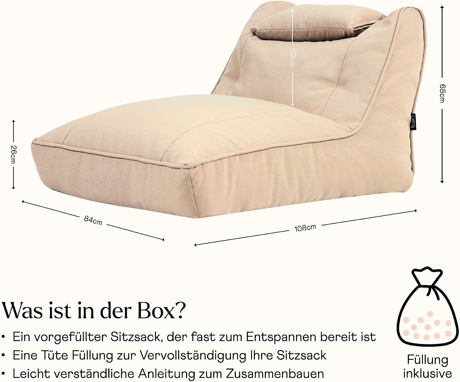 Detalle de Icon Nova Sitzsack Sessel für Erwachsene, Beige – reclinable Lounge-Sitz für Drinnen & Draußen