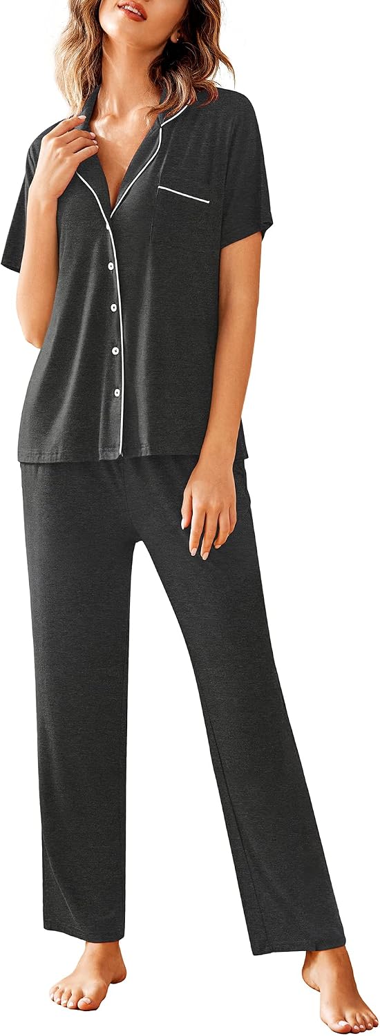 Detalle de Avidlove Women's Pajama Set, Short-Sleeve Button-Down Top and Long Pants