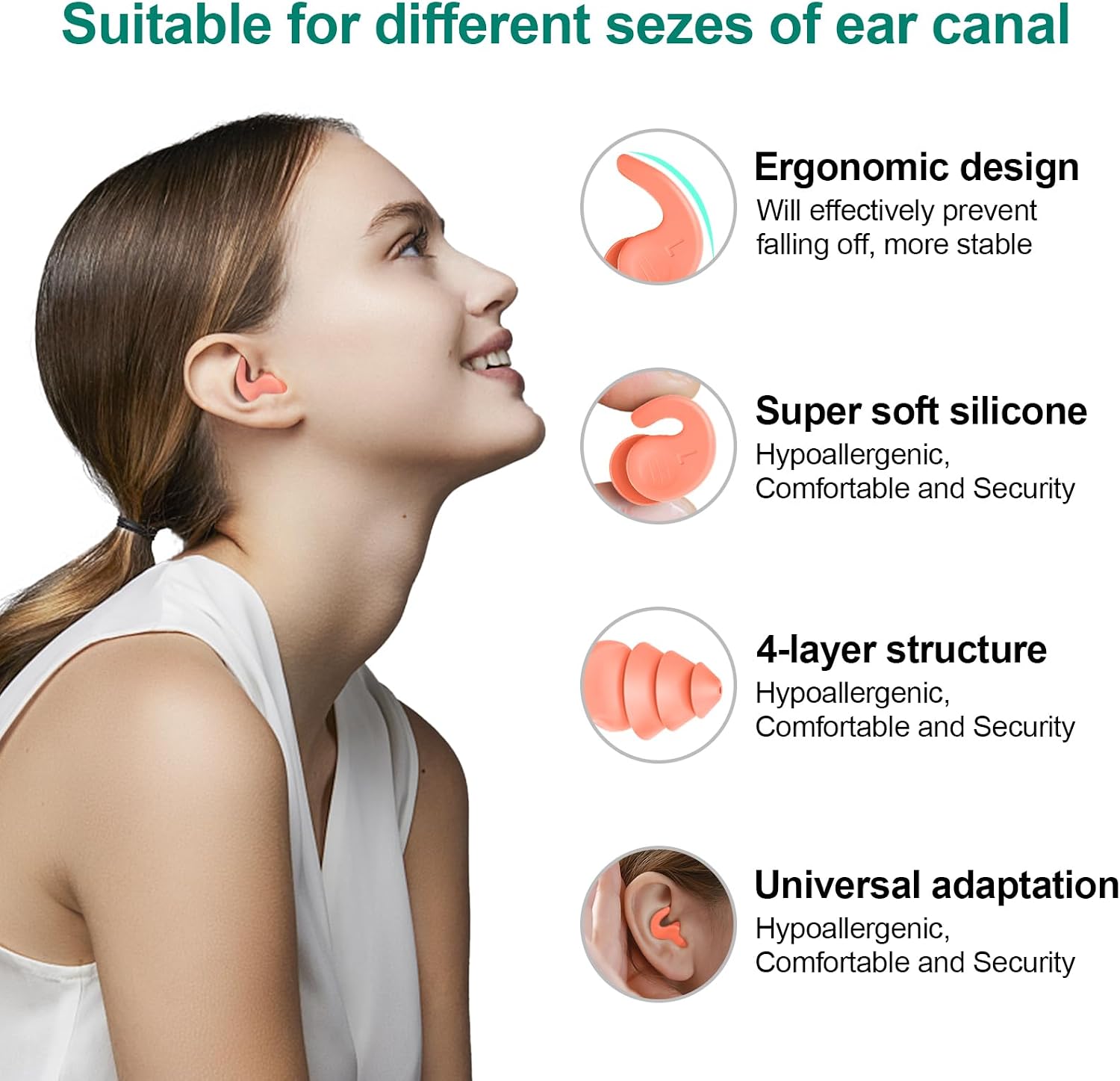 Detalle 2 de Reusable Silicone Swimming Earplugs for Adults, 3 Pairs with Storage Cases