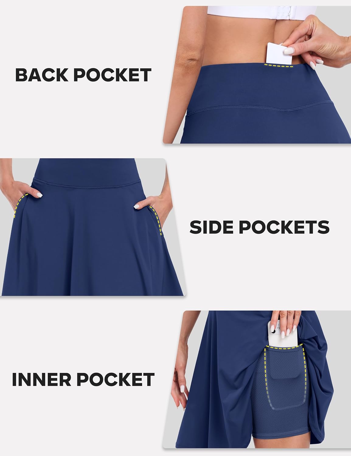 Detalle de Desol 50cm Tennisrock Damen mit Hose – Knielang, Hohe Taille, 2-in-1 Shorts & Mehrtaschen