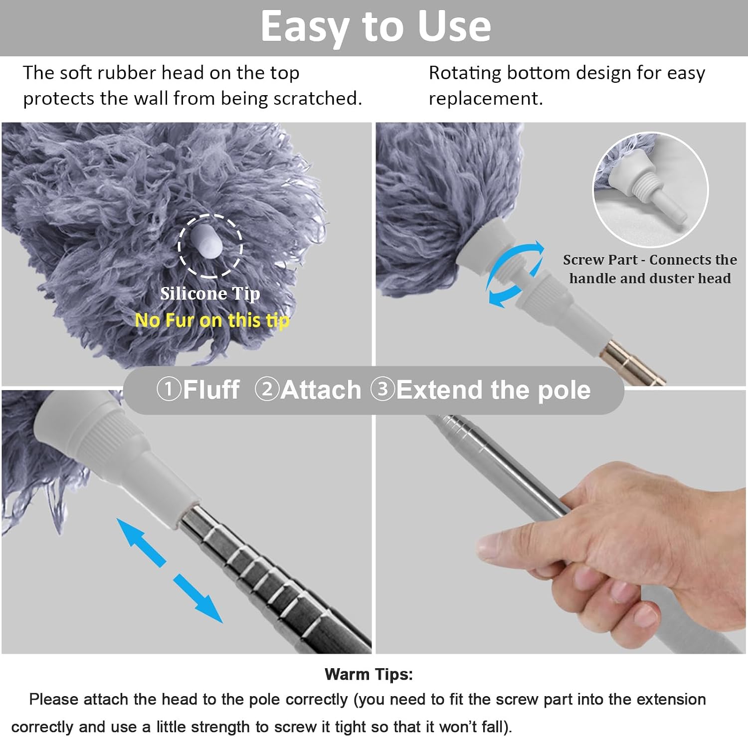 Thumbnail 1 de DELUX Extendable Microfiber Feather Duster with 100-Inch Pole, Bendable Head and Washable Head
