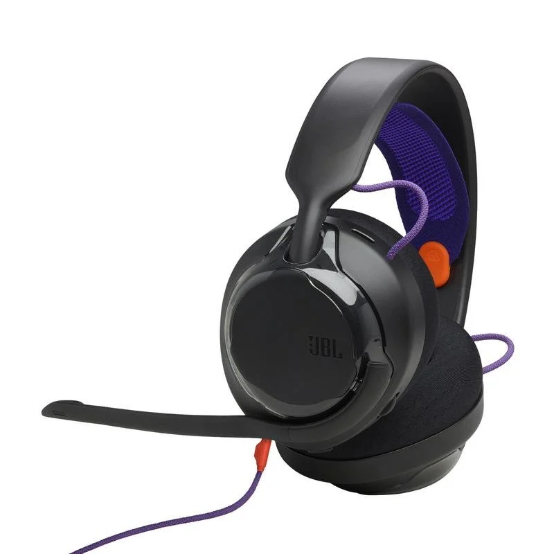Detalle de JBL Quantum 250: auriculares gaming con cable, micrófono y cancelación de ruido en negro