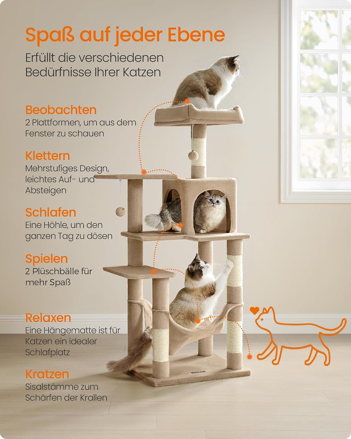 Detalle de Feandrea Kratzbaum PCT161K01 (143 cm) mit 4 Kratzsäulen, 2 Plattformen, Hängematte und Höhle