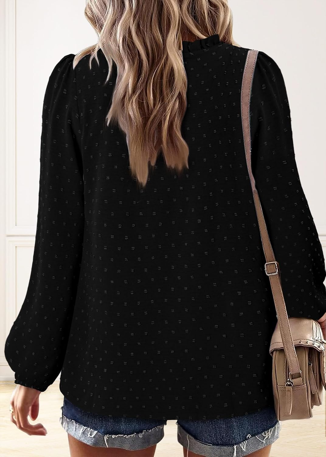 Detalle 1 de onlypuff Women's V-Neck Swiss Dot Ruffle Tunic Blouse, Long Sleeve