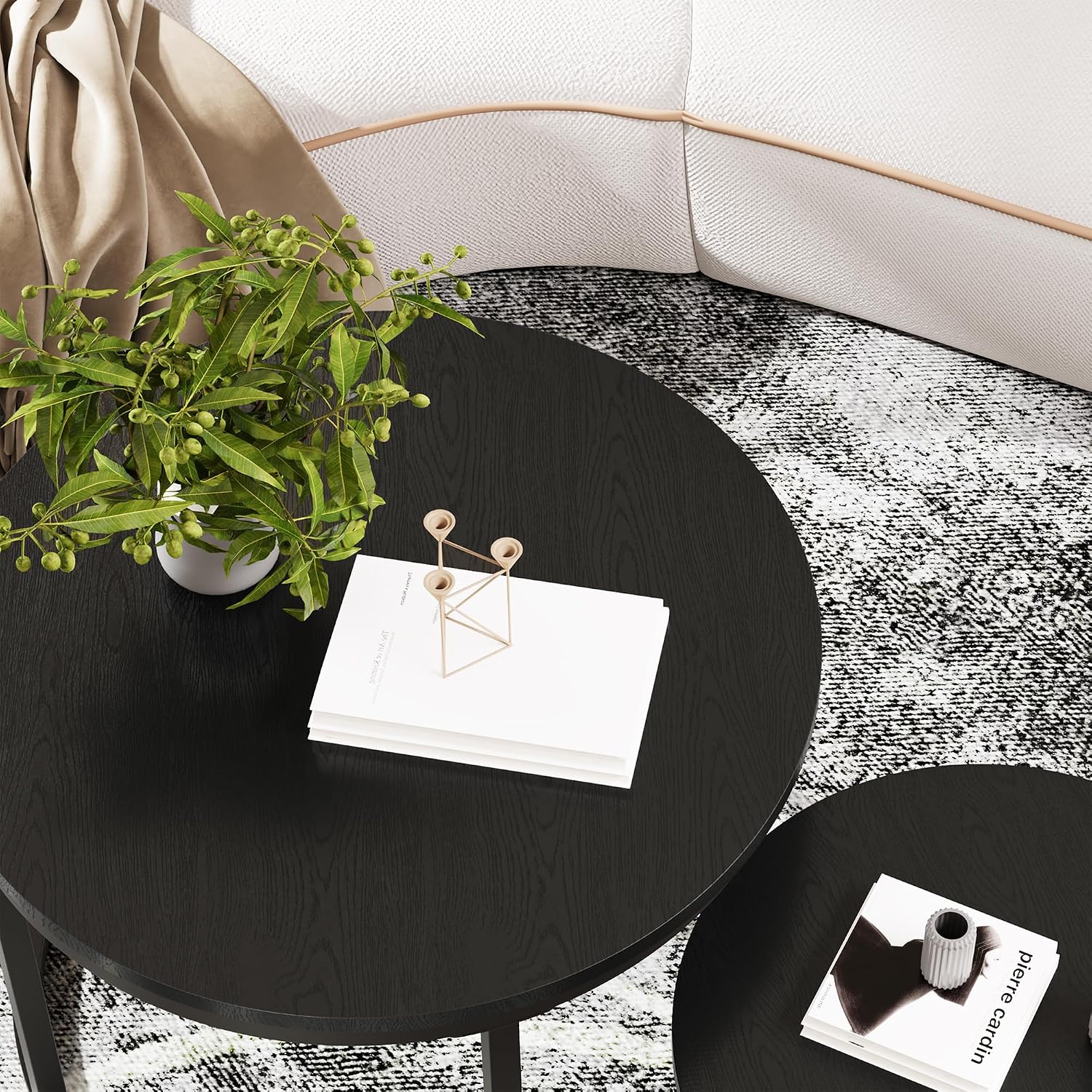 Thumbnail 6 de HOMERECOMMEND ronde salontafelset van 2 met houten bladen en zwart metalen frame