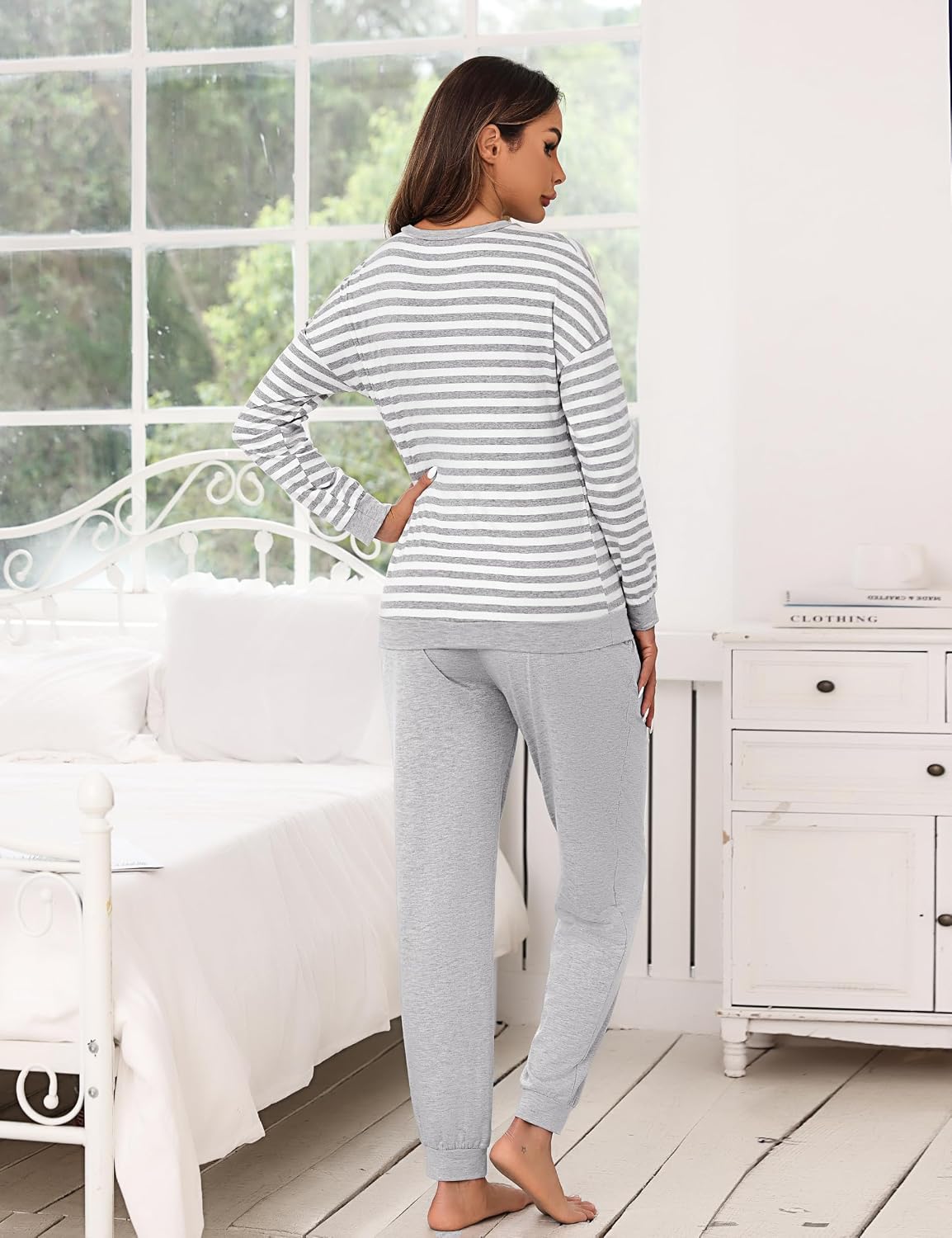 Thumbnail 3 de Bresdk Ensemble Pyjama Femme en Coton — Rayé, Doux et Chaud pour l’Hiver