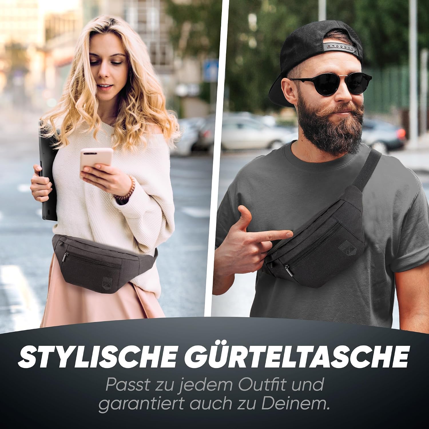 Detalle 2 de RUVO® Bauchtasche für Herren und Damen – wasserabweisende Hüfttasche mit 4 Reißverschluss-Fächern