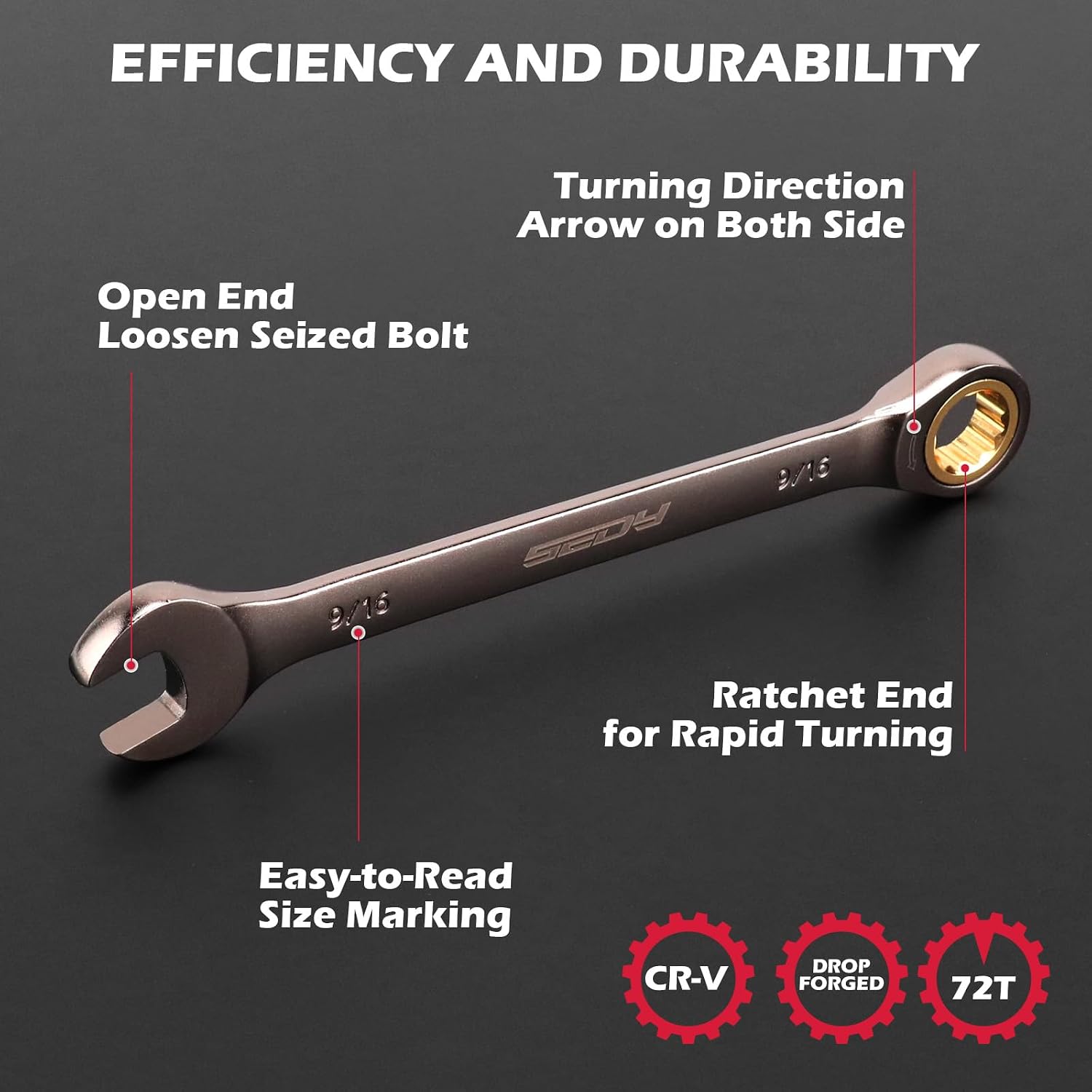 Detalle de SEDY 12-Piece SAE Ratcheting Wrench Set, 72-Tooth Cr-V Steel, 1/4–7/8 in.