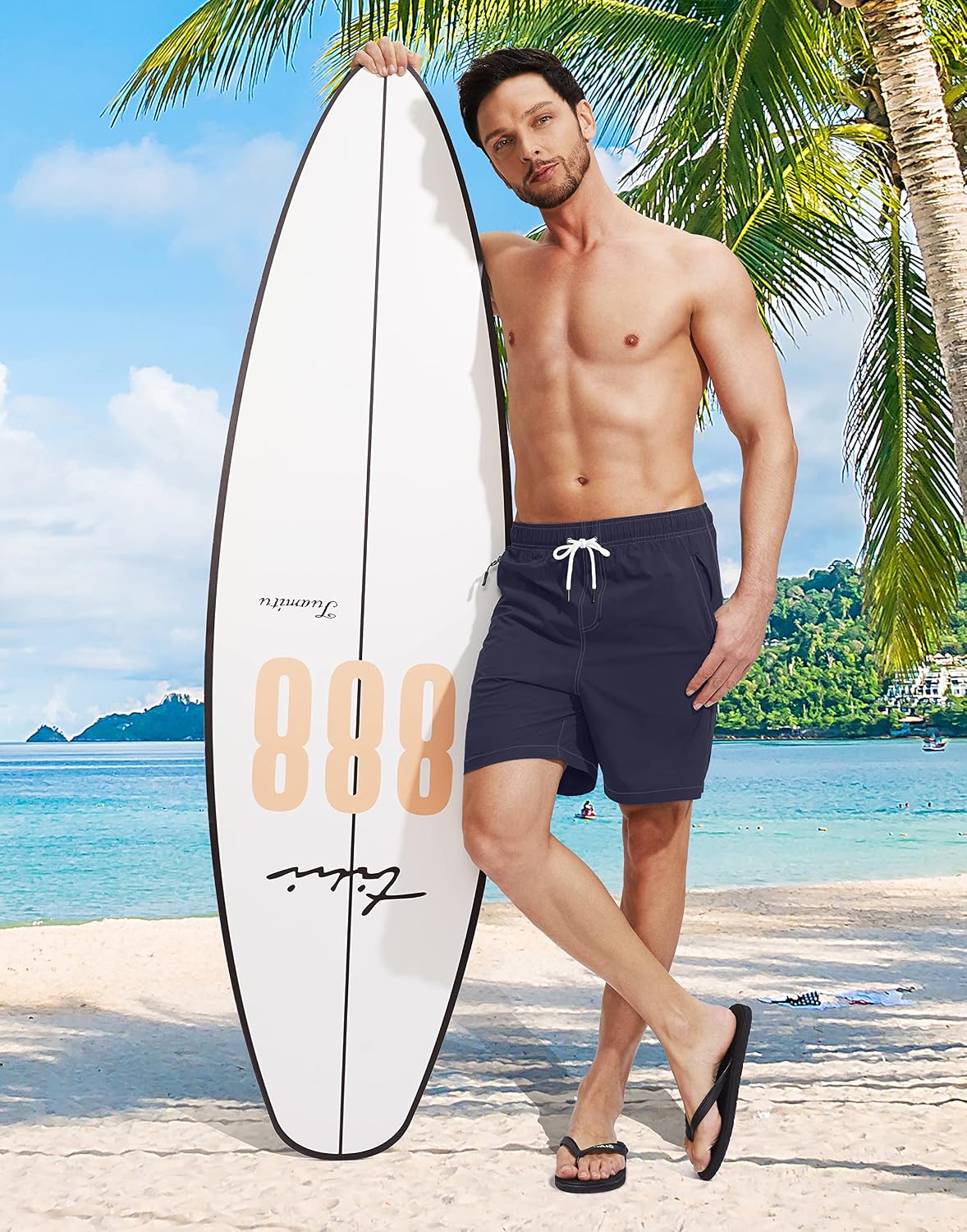 Detalle de Viodia Men's Swim Trunks with Compression Liner: Quick-Dry Board Shorts with Zipper Pockets