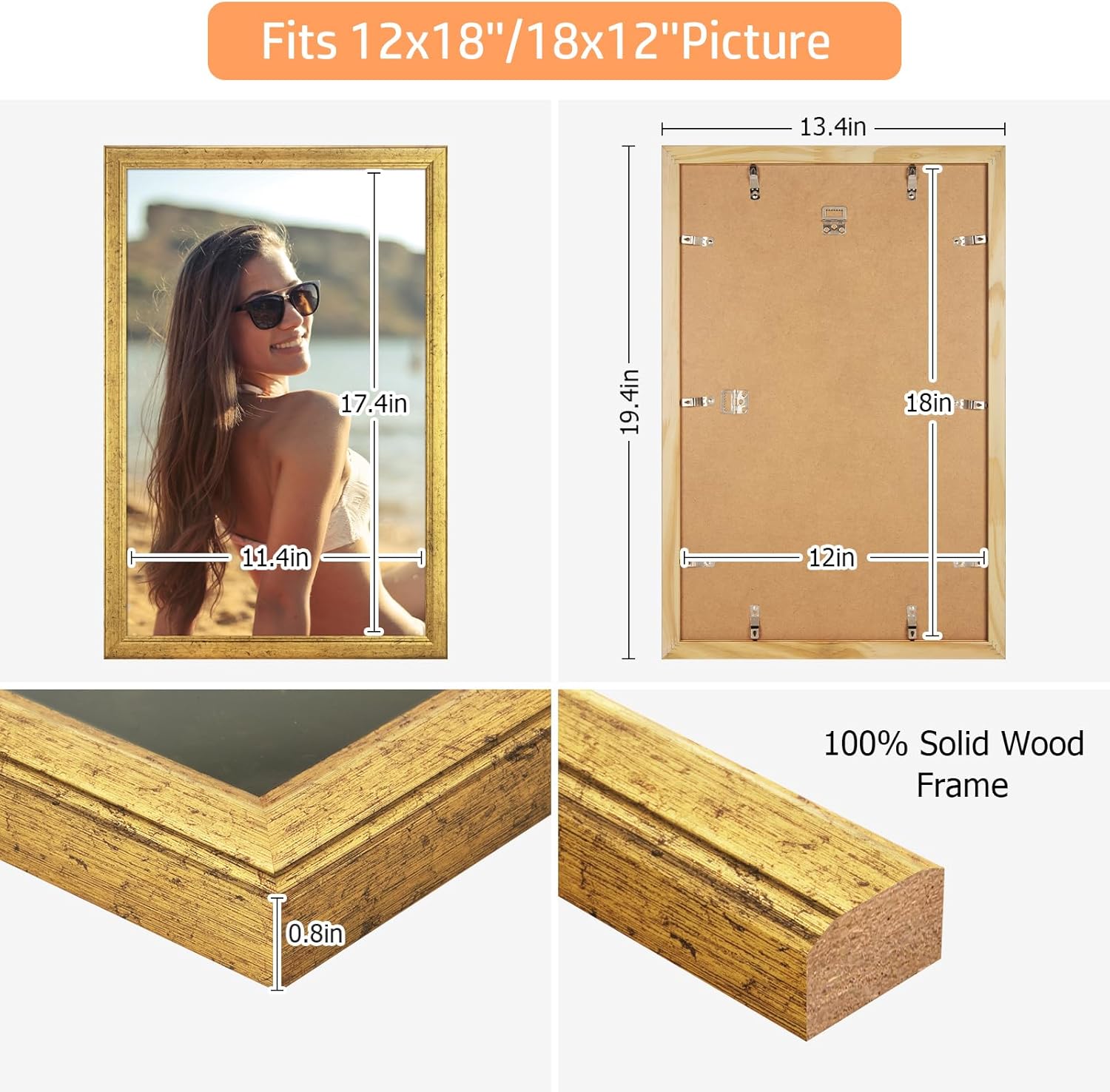 Thumbnail 4 de MOUDAMION Wood 12x18 Gold Ornate Poster Picture Frame with HD Plexiglass (12x18 or 18x12)