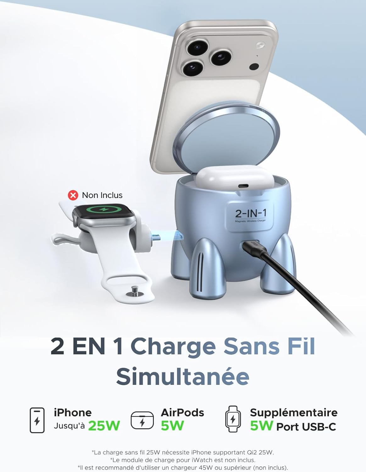 Detalle de UGREEN Uno Qi2 25W Chargeur Induction 2 en 1 – forme fusée magnétique MagSafe