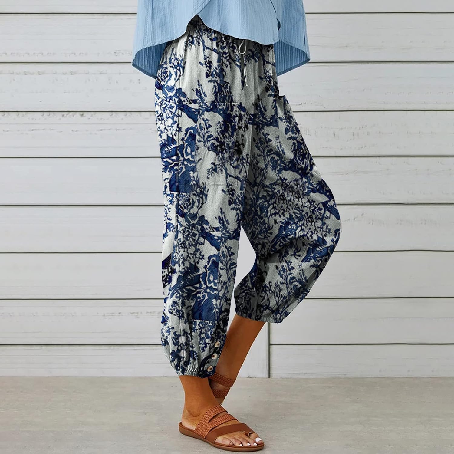 Thumbnail 4 de Women's Capri Pants High Waist Drawstring Cinch Bottom with Button Cotton Loose Casual Trouser with Pockets