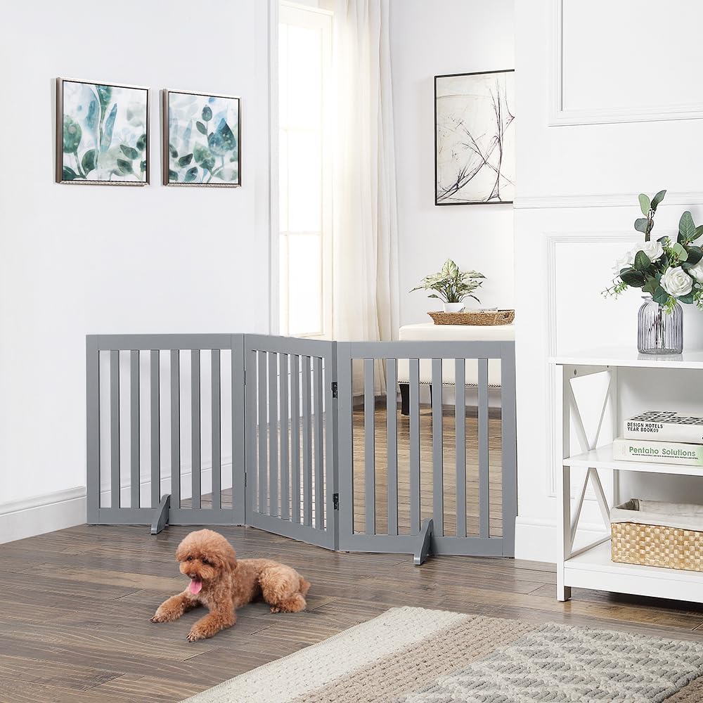 Detalle de unipaws Wooden Dog Gate: Freestanding, Foldable 3-Panel Pet Fence (61cm H, Light Grey)