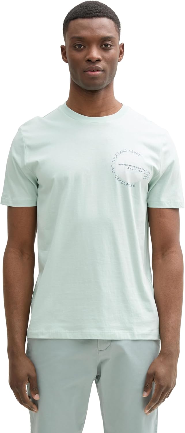 Detalle de Tom Tailor Denim Herren Basic T-Shirt mit Logo-Print – einfaches Basic-Shirt mit Logo-Print