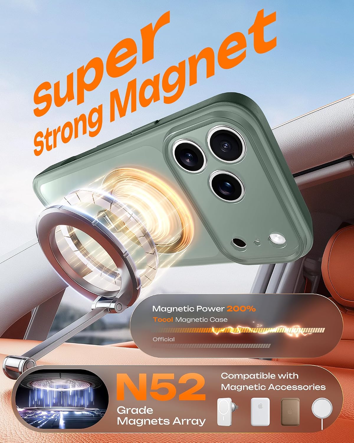 Thumbnail 4 de TOCOL-hoes voor iPhone 17 Pro met 360°-standaard en MagSafe, alpengroen