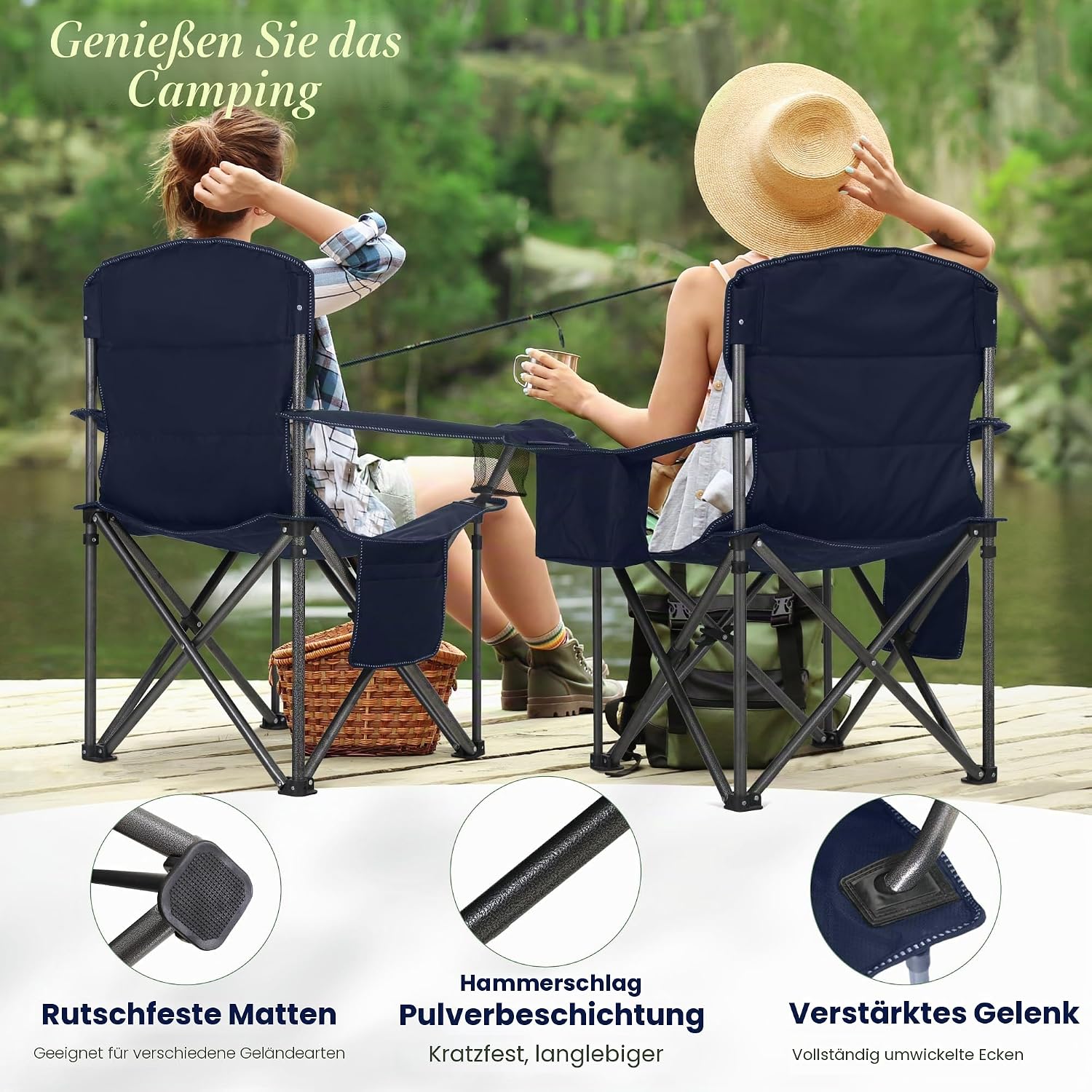 Detalle de HIGH POINT SPORTS faltbarer Campingstuhl (bis 200 kg) mit Getränkehaltern und Armlehnen – XXL Outdoorstuhl