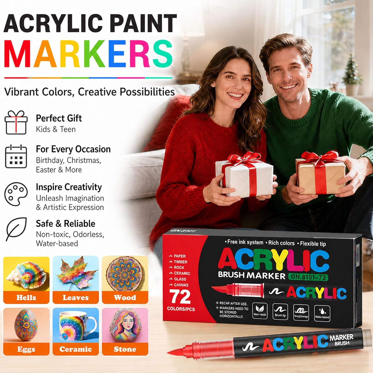 Thumbnail 6 de Melifluo Pennarelli Acrilici a Punta a Pennello, Set 72 – Pittura Acrilica Impermeabile a Base d'Acqua per Sassi, Vetro, Ceramica, Legno e Tessuto
