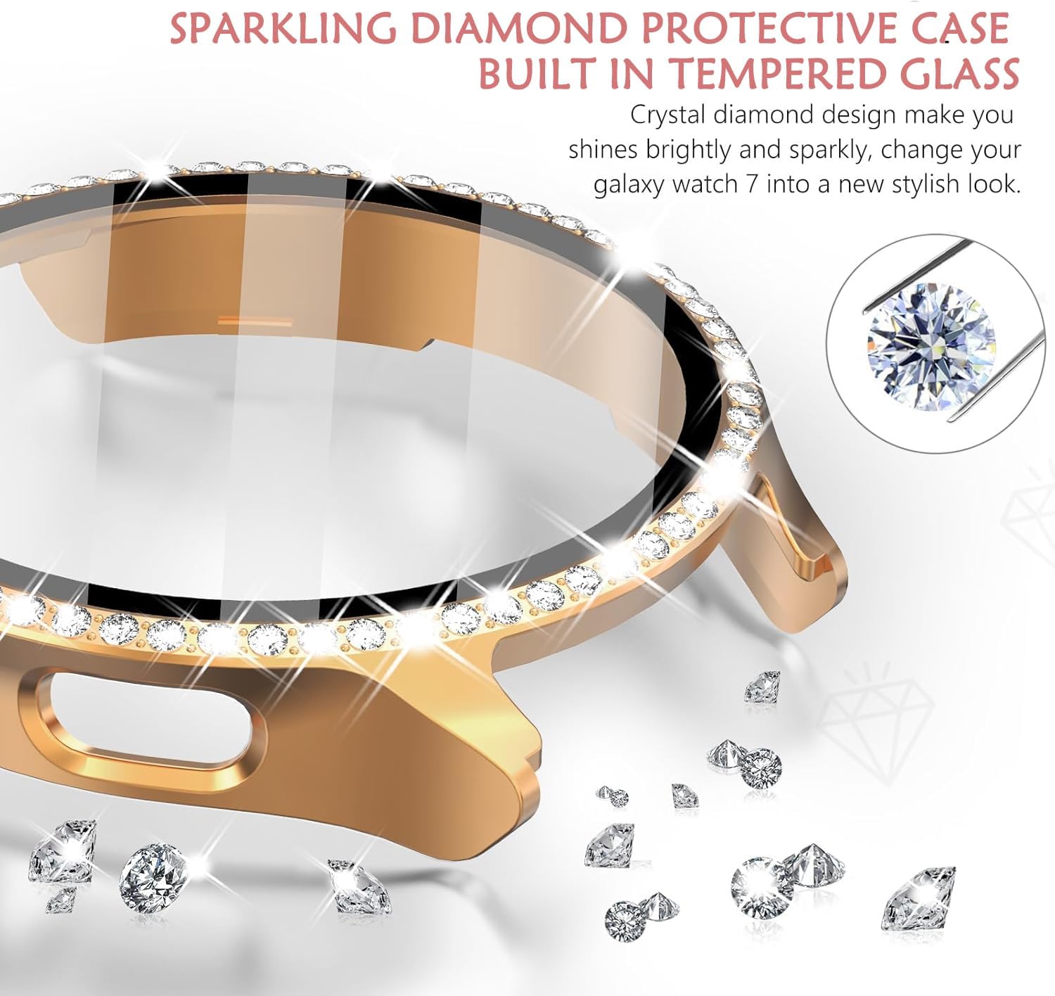 Detalle 2 de DEALELE 2-Pack Tempered Glass Case for Samsung Galaxy Watch 6 (40mm) – Rose Gold + Transparent