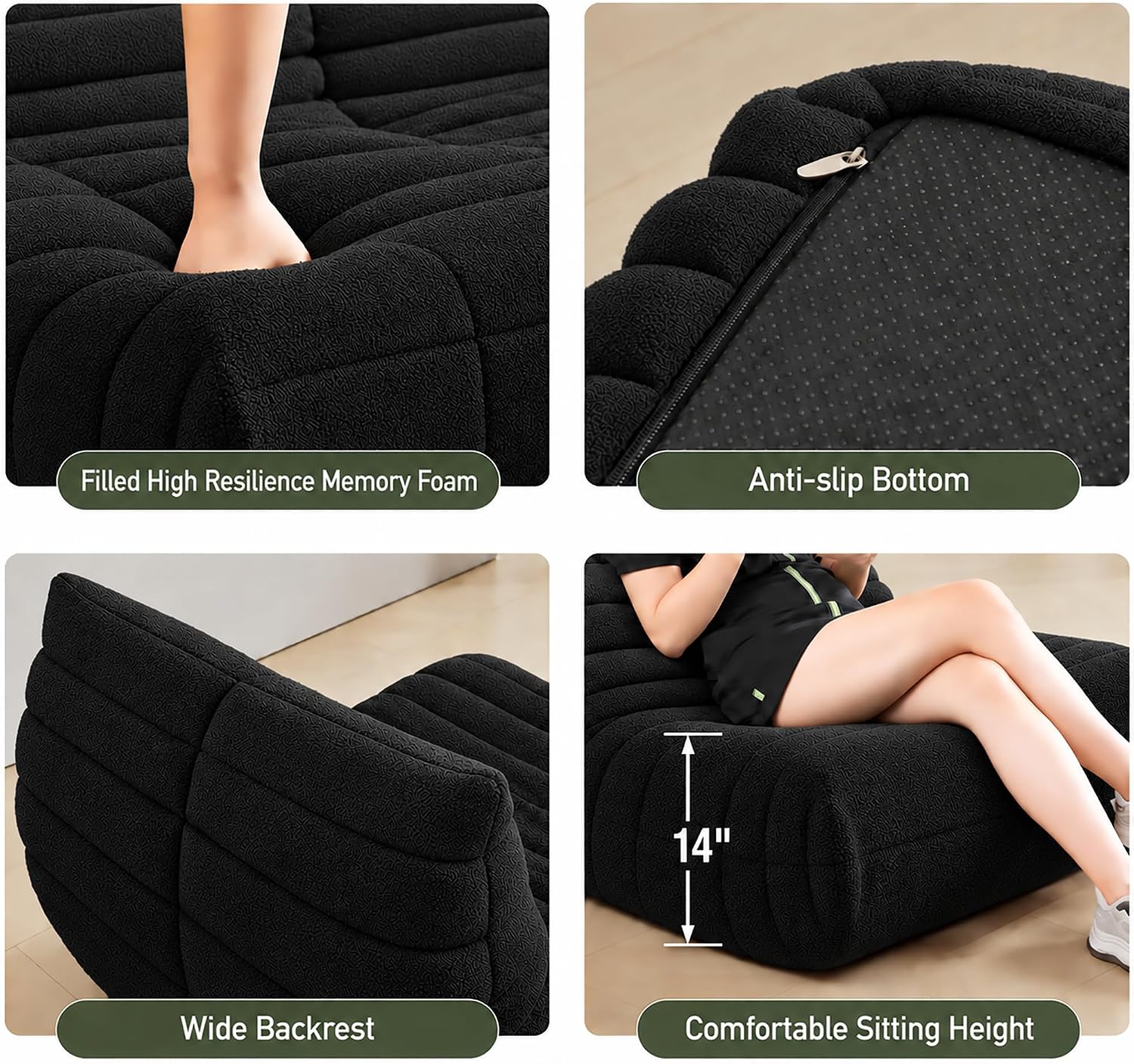 Thumbnail 5 de YVDNHP Bean Bag Chair 2-Seater Loveseat, Black Teddy Fabric, Memory Foam