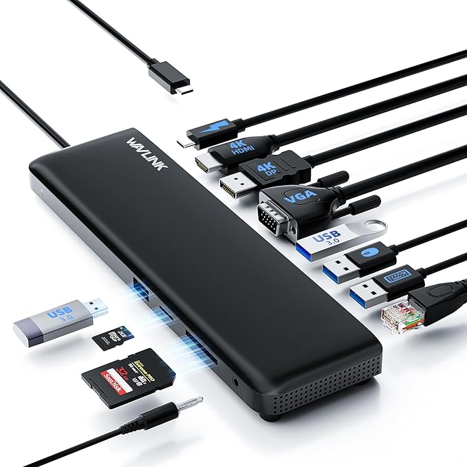 WAVLINK Estación USB-C 3 Monitores 📺 HDMI, DP, VGA, 100W PD