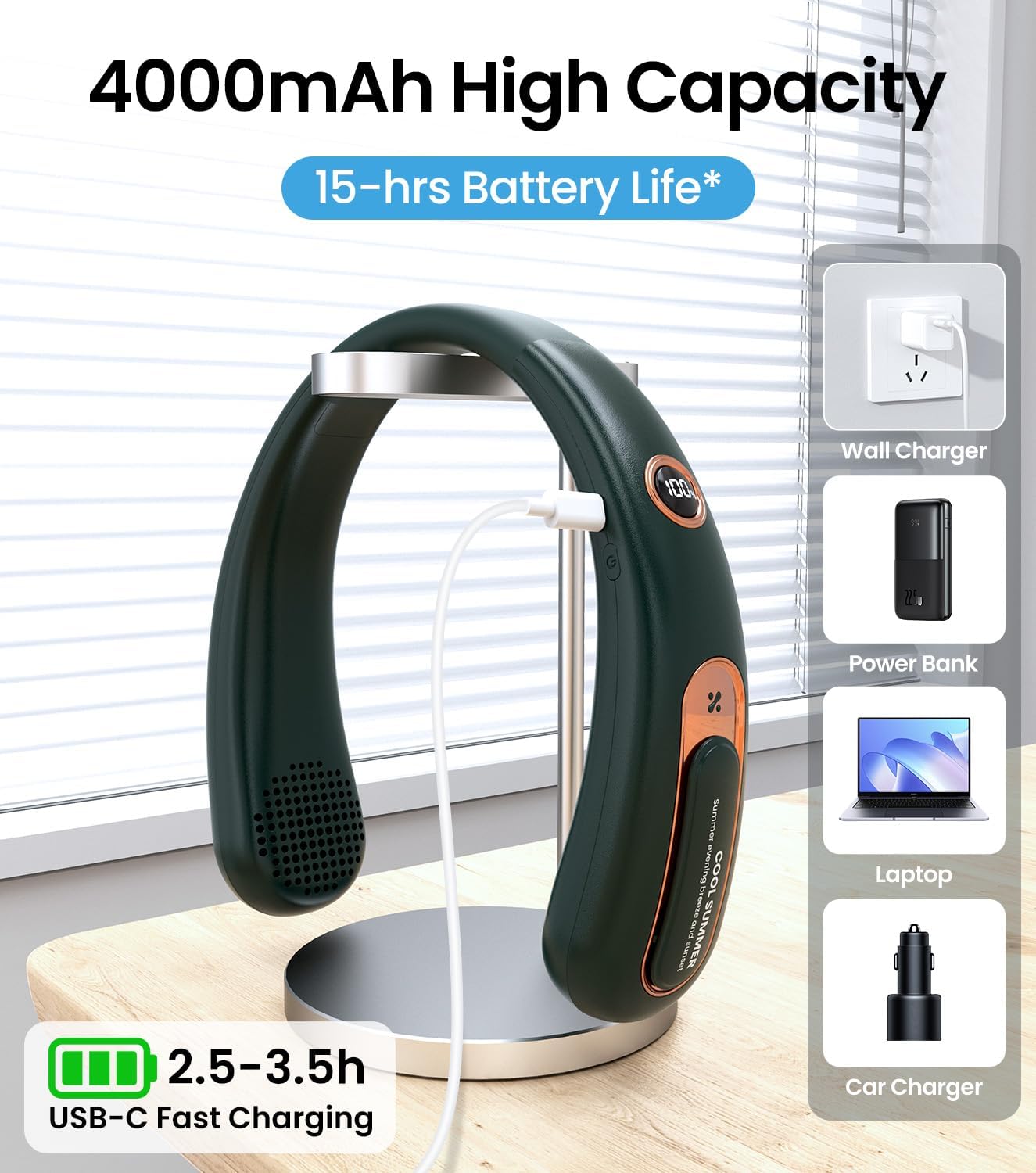 Thumbnail 4 de Neck Fan with Bladeless Design, 4000mAh USB Rechargeable Personal Cooler