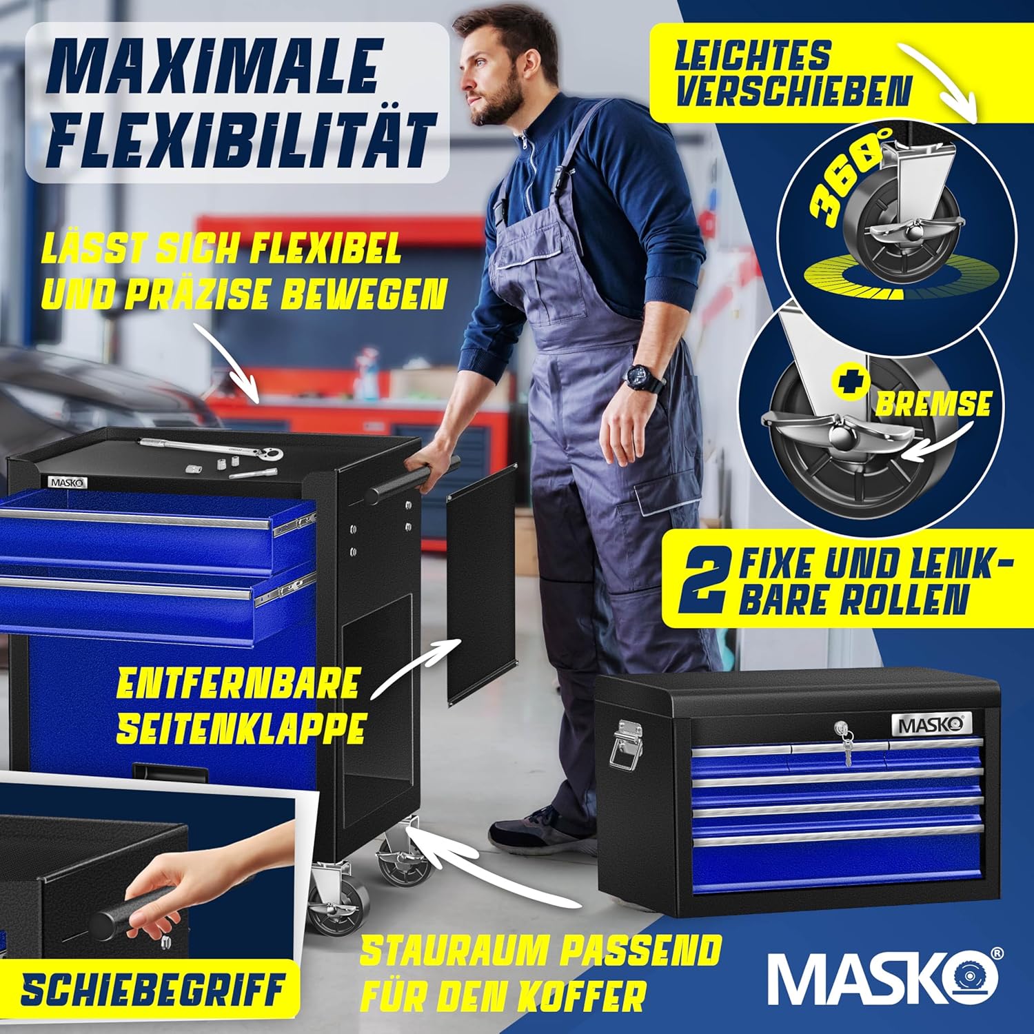 Thumbnail 5 de MASKO Werkstattwagen inkl. Koffer mit Schloss – 9 abschließbare Fächer, massives Metall, blau