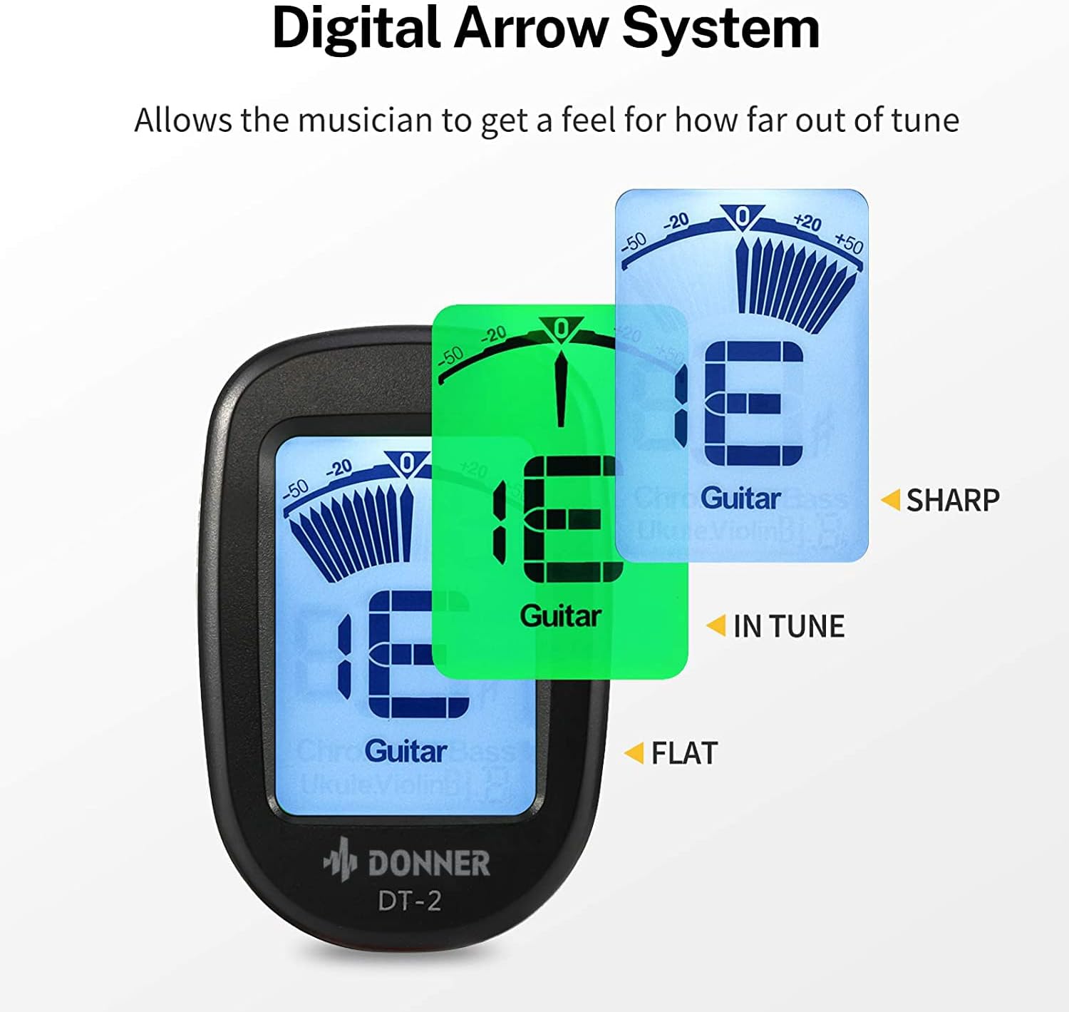 Detalle de Donner DT-2 Clip-On Chromatic Tuner: Accurate, Easy-Use for Guitar, Bass, Violin, and Ukulele
