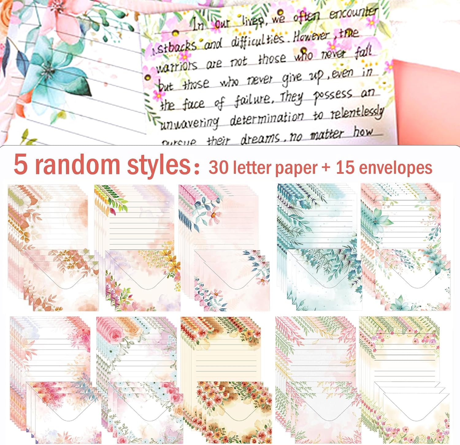 Detalle de DxJ 65-Piece Floral Stationery Set with 30 Sheets, 15 Envelopes and Stickers