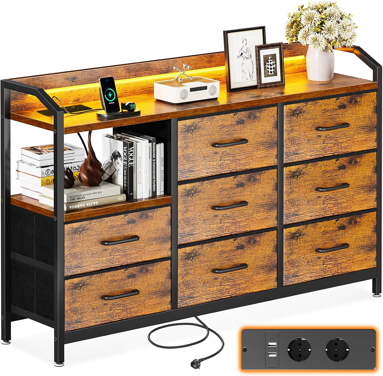 ODK Kommode mit 8 Stoffschubladen, LED-Lichtstreifen (10 Farben) und 2 USB/2 AC Steckdosen – 110×30×88 cm Vintage