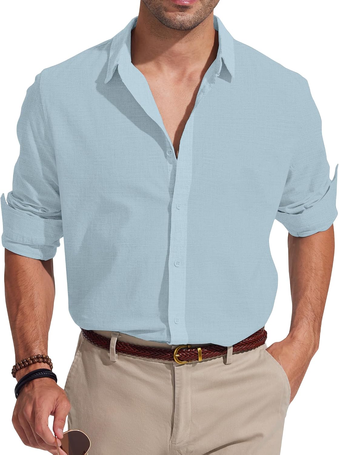 Detalle de Friptspyg Chemise en Lin pour Hommes — Manches Longues, 80% coton + 20% lin, coupe Regular