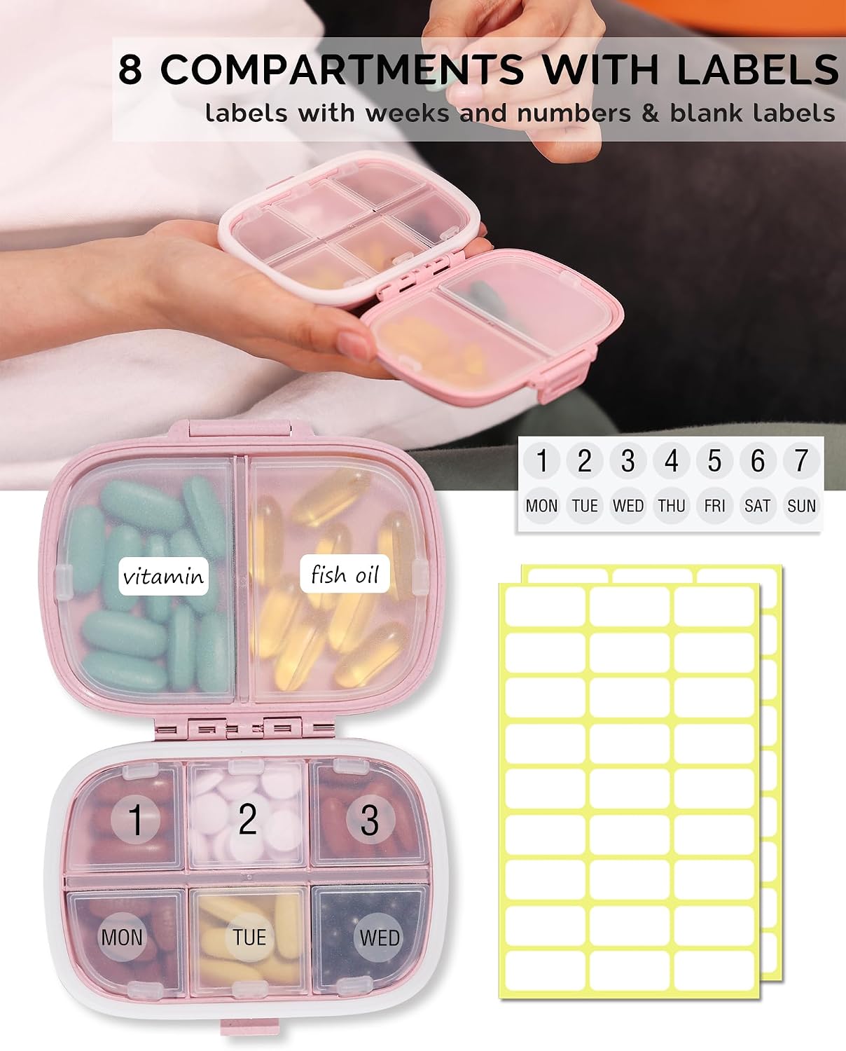 Thumbnail 4 de MEACOLIA FETEGT6016 Travel Pill Organizer, 8 Compartments, 3 Colours
