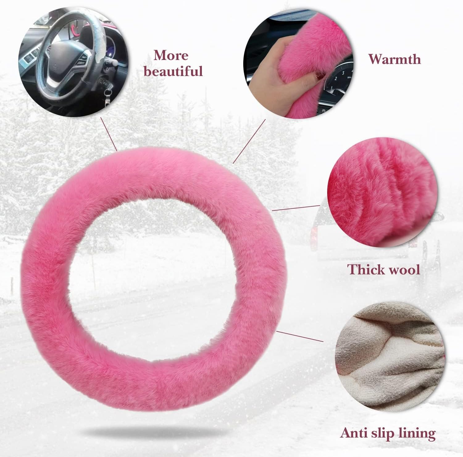 Thumbnail 1 de Pahajim Fluffy Steering Wheel Cover: Soft Furry Comfort for Winter Driving (36–39cm, Pink/White)