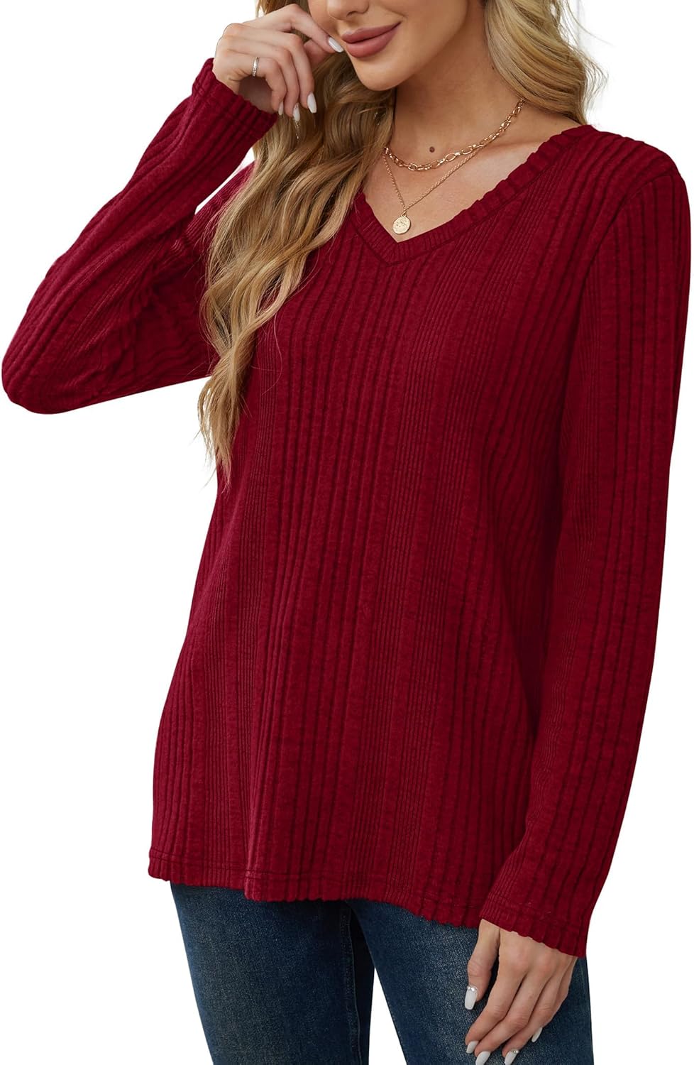Thumbnail 2 de GLEENOD Damen Pullover mit V-Ausschnitt – leichtes Langarm-Sweatshirt in einfarbig