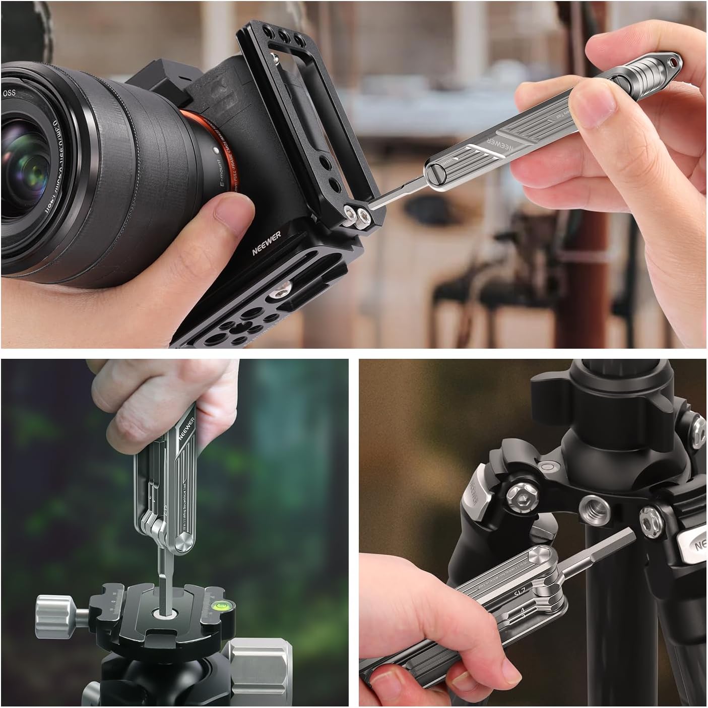 Detalle de NEEWER Set di cacciaviti pieghevoli multifunzione 10 in 1 (argent0) per piccole riparazioni camera cage e QR plate