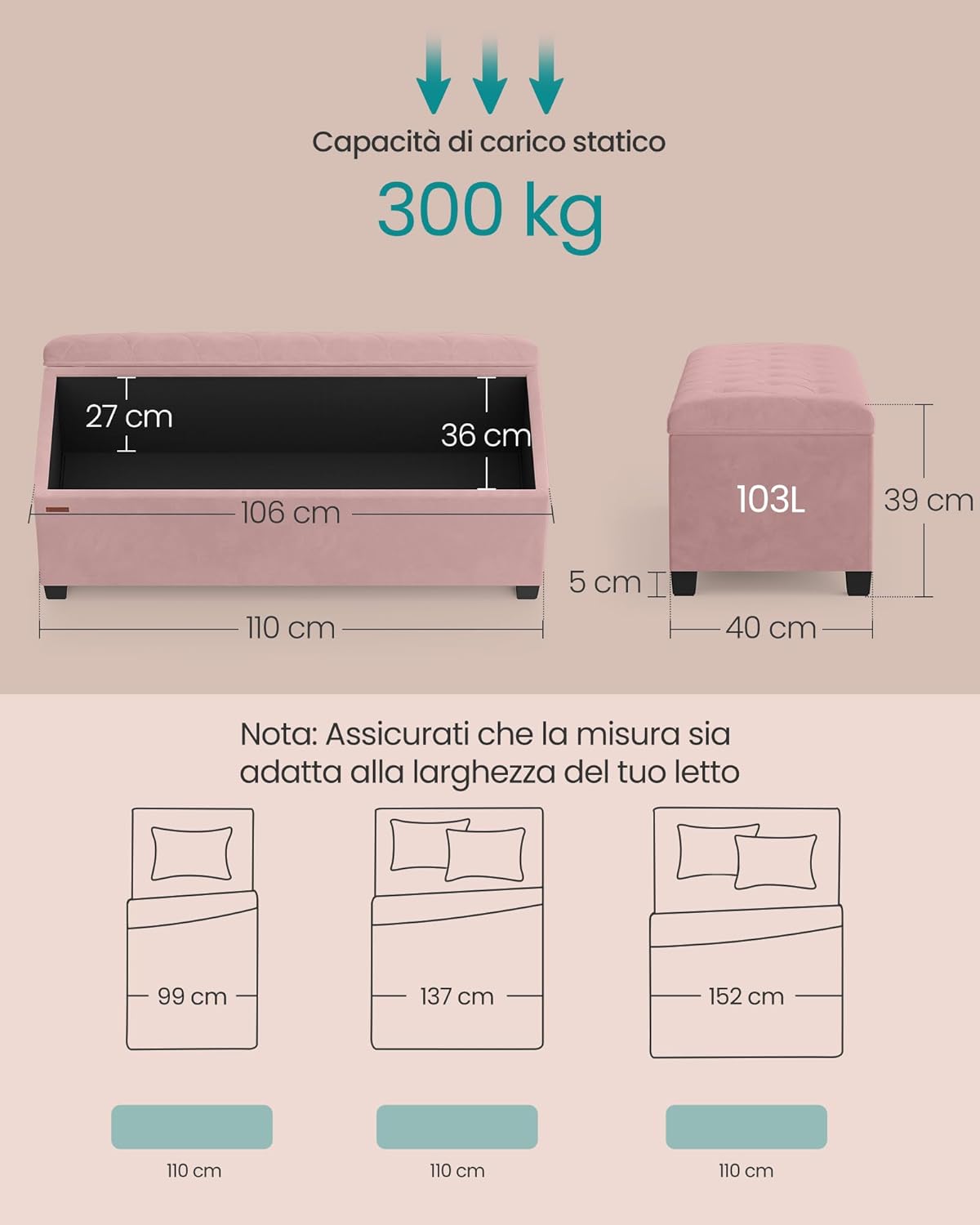 Thumbnail 2 de SONGMICS cassapanca pouf contenitore con poggiapiedi 40 x 110 x 39 cm rosa pastello LSF089R01