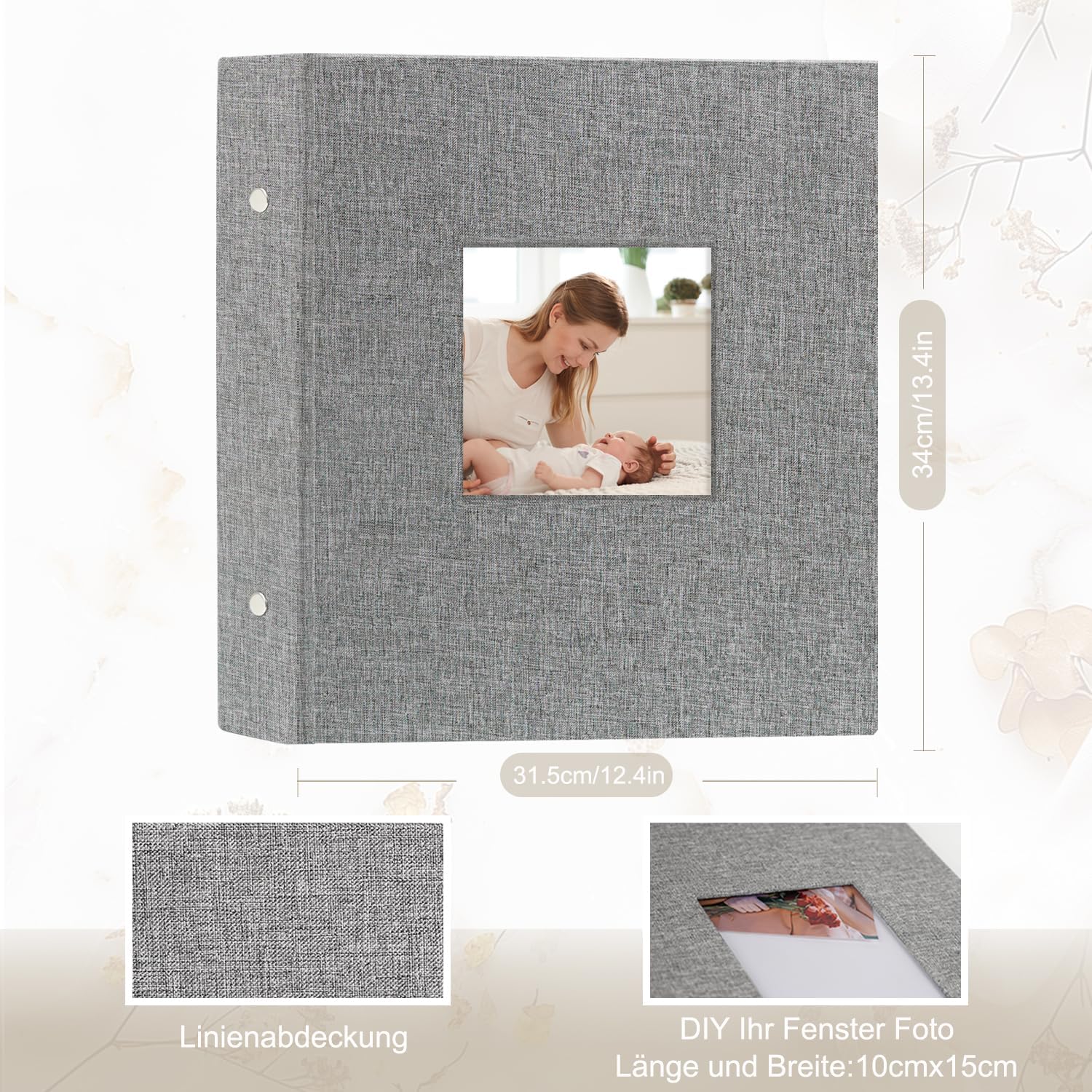 Detalle 2 de Miaikoe Fotoalbum 10x15 – Großes 600-Fotos-Leinenalbum mit Slip-in, 60 Blatt, 120 Seiten, Grau