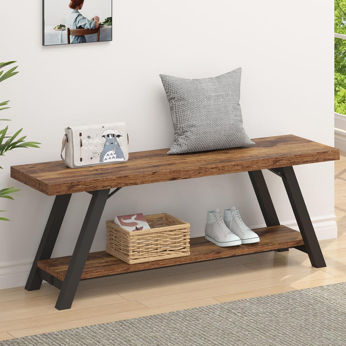 LVB rustikale Aufbewahrungsbank in Braun mit Schuhregal, Metall/MDF, 120 cm – Bank für Diele & Schlafzimmer