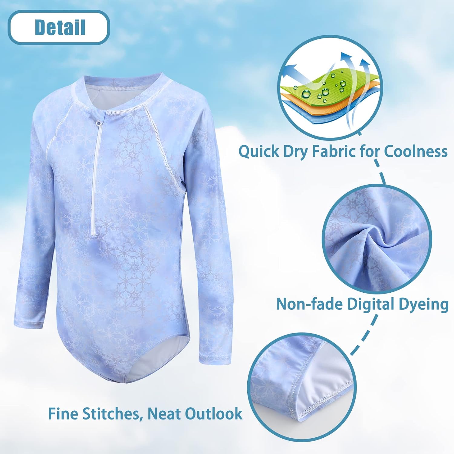 Thumbnail 2 de Aisyee Girls Long Sleeve One-PPiece Swimsuit (Age 5–16) – Practical Rash Vest with Front Zipper