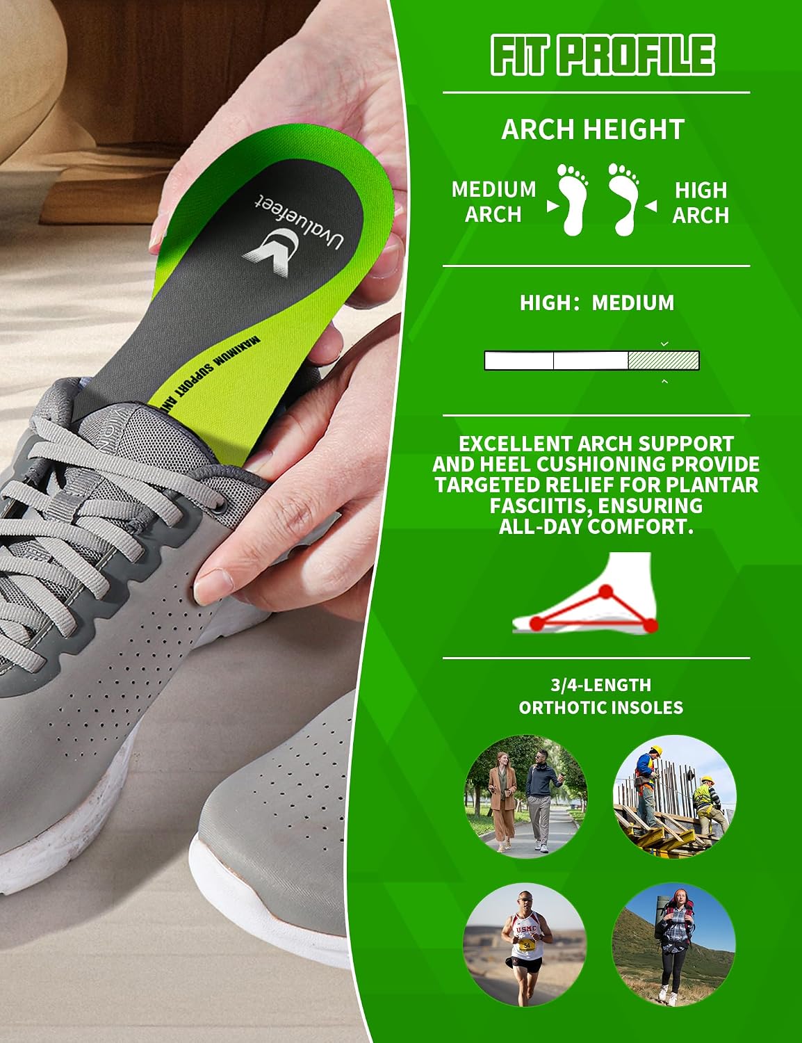 Thumbnail 1 de 3/4 Length Orthotic Insoles for Plantar Fasciitis, Flat Feet & Overpronation (Dual-Cushion Heel + Arch Support)