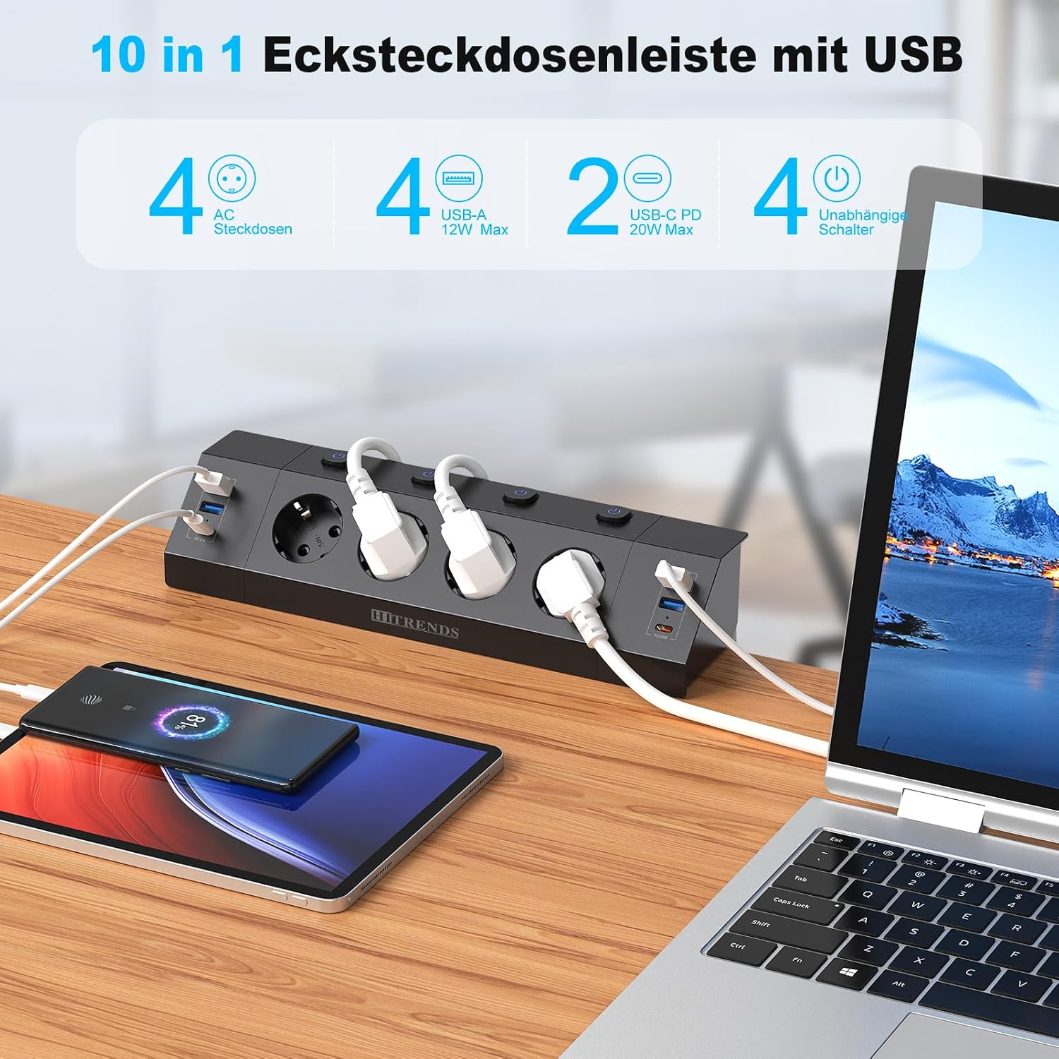 Detalle 2 de HITRENDS 4 Prises de Table-Noir tafelstopcontact met 4 stopcontacten en 6 USB-poorten